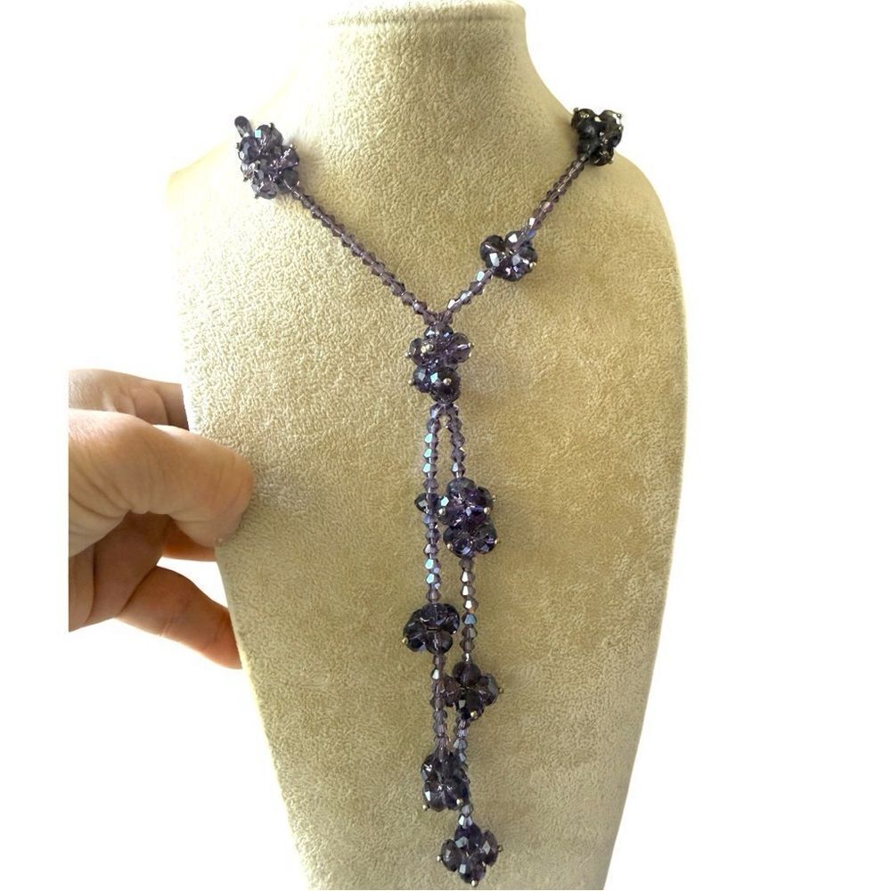 Vintage Purple Crystal Y-Necklace with Beaded Flowers